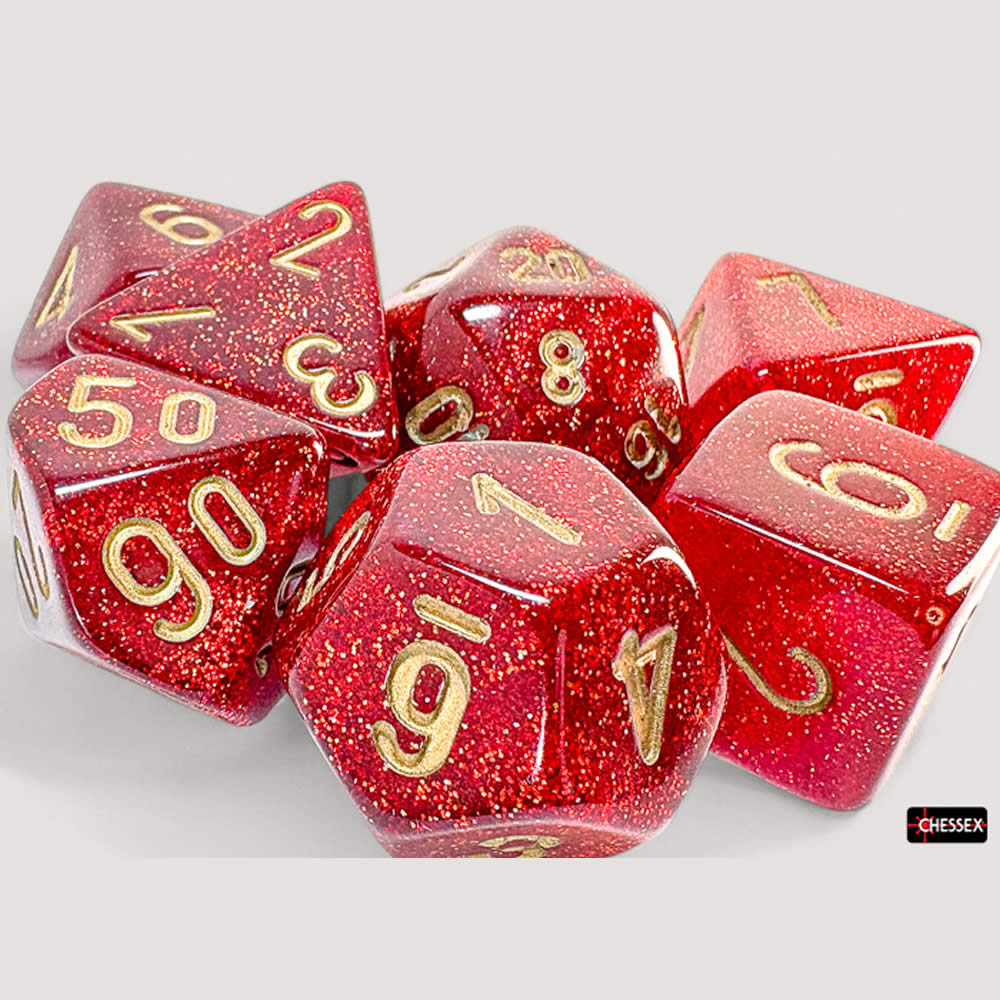 CHX22504 Ruby Glitter Mega-Hedral Dice with Gold Colored Numbers 20mm (25/32in) Set of 7 Dice