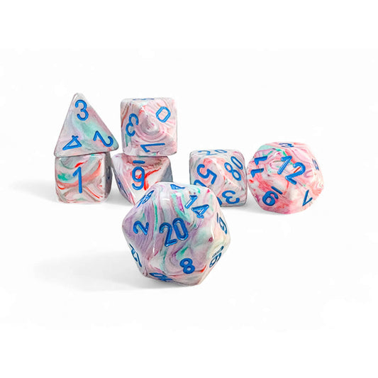 CHX22544 Pop Art Festive Mega-Hedral Dice with Blue Colored Numbers 20mm (25/32in) Set of 7 Dice
