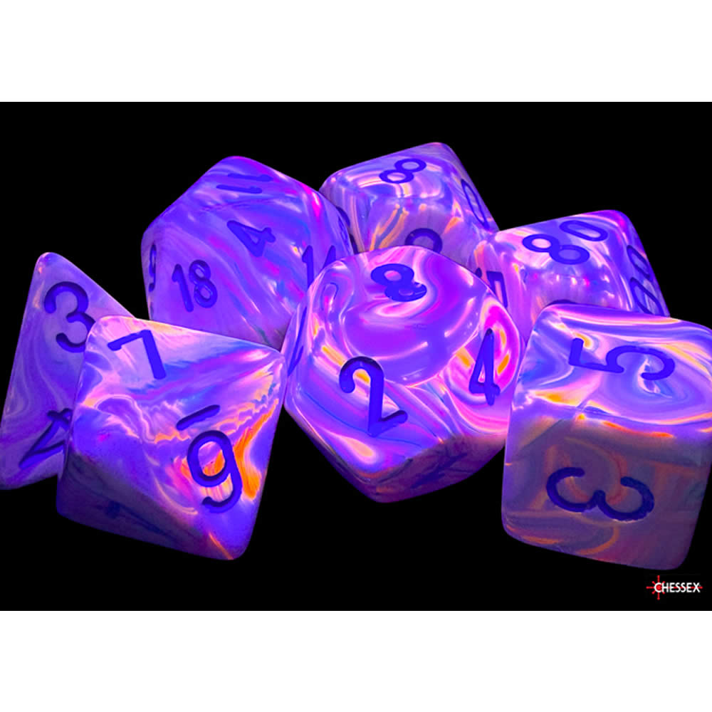 CHX22544 Pop Art Festive Mega-Hedral Dice with Blue Colored Numbers 20mm (25/32in) Set of 7 Dice