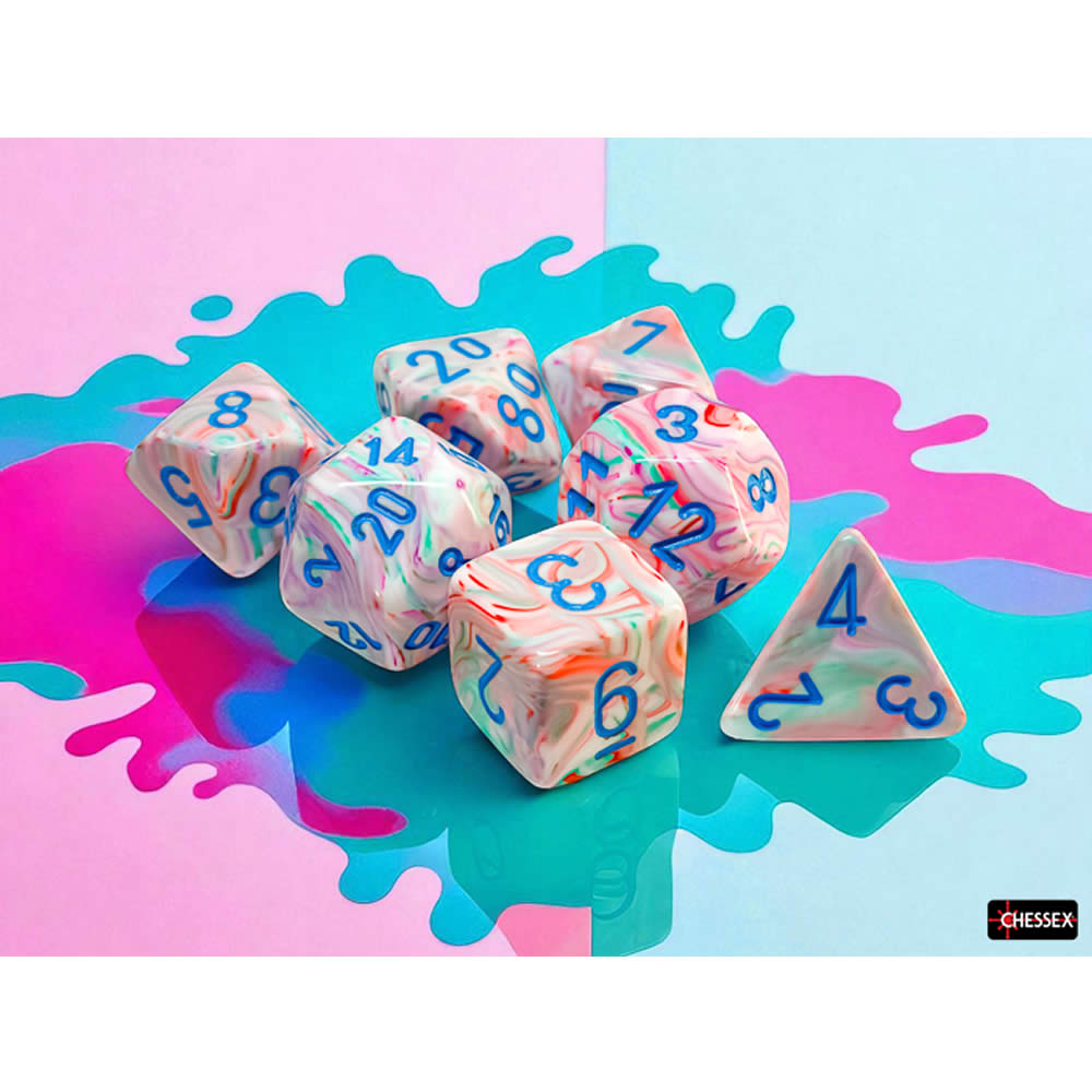 CHX22544 Pop Art Festive Mega-Hedral Dice with Blue Colored Numbers 20mm (25/32in) Set of 7 Dice