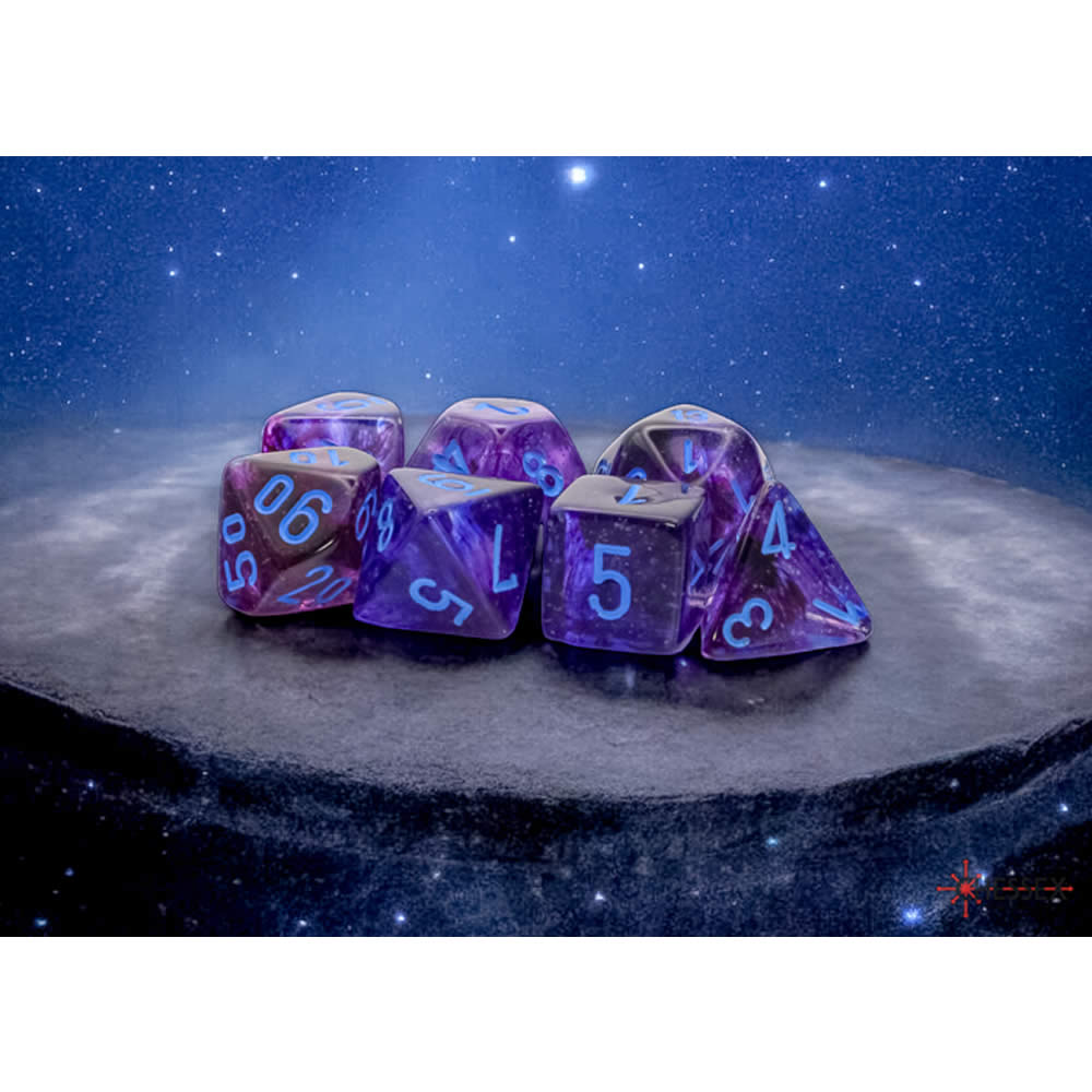 CHX22547 Nocturnal Nebula Mega-Hedral Dice with Blue Colored Numbers 20mm (25/32in) Set of 7