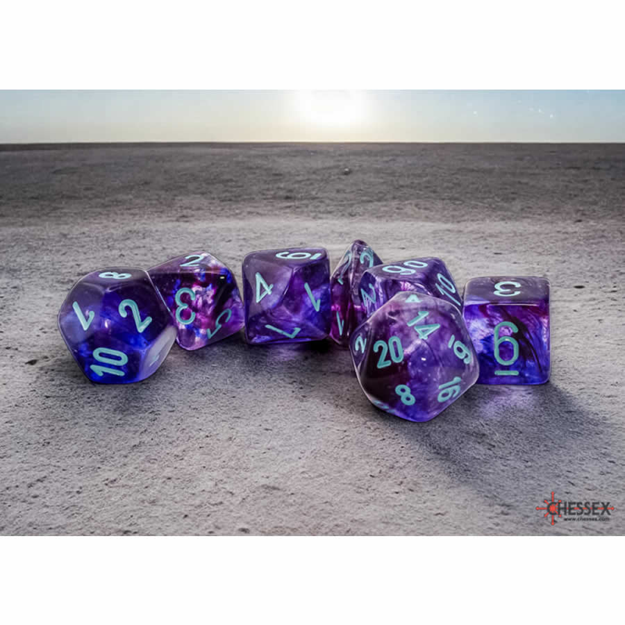 CHX22557 Nocturnal Nebula Mega-Hedral Dice with Turquoise Colored Numbers 20mm (25/32in) Set of 7