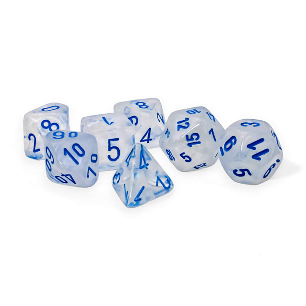 CHX22581 Icicle Borealis Mega-Hedral Dice with Light Blue Colored Numbers 20mm (25/32in) Set of 7