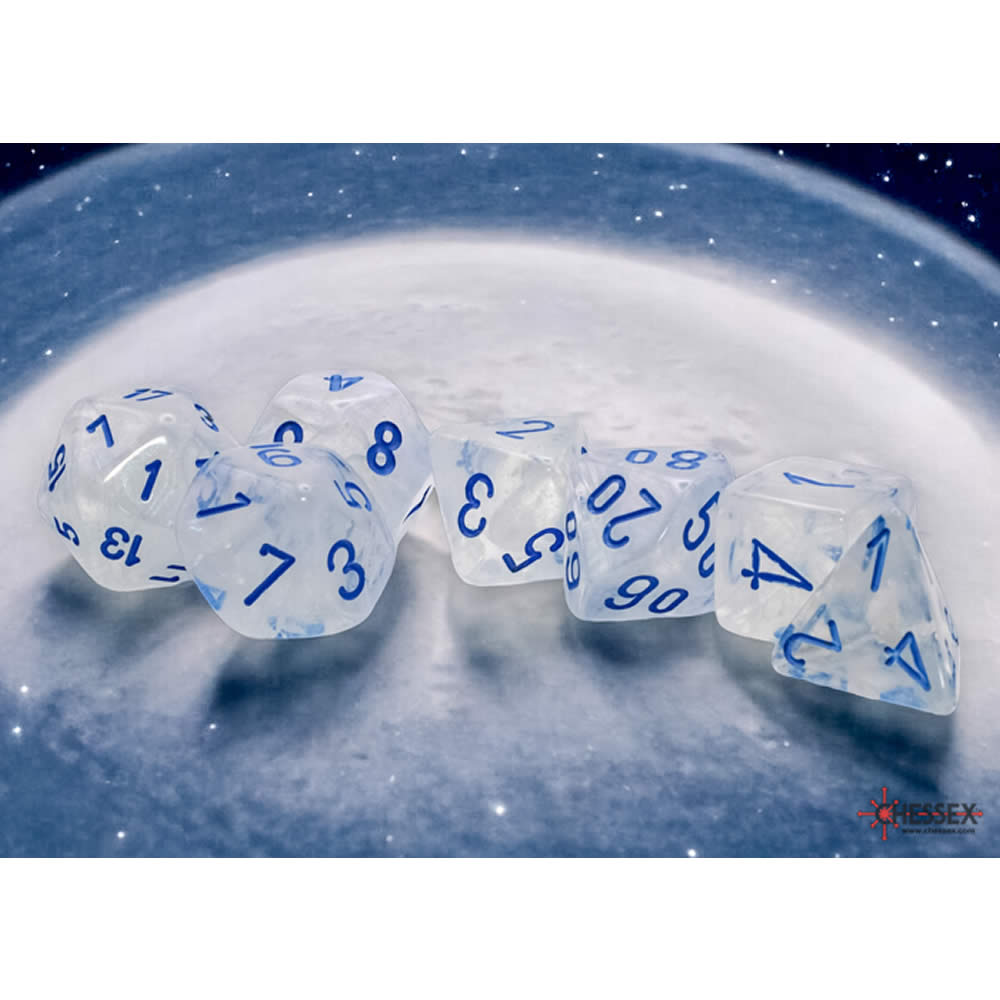 CHX22581 Icicle Borealis Mega-Hedral Dice with Light Blue Colored Numbers 20mm (25/32in) Set of 7