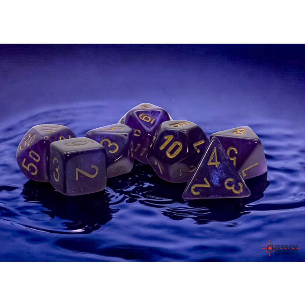 CHX22587 Royal Purple Borealis Mega-Hedral Dice with Gold Colored Numbers 20mm (25/32in) Set of 7