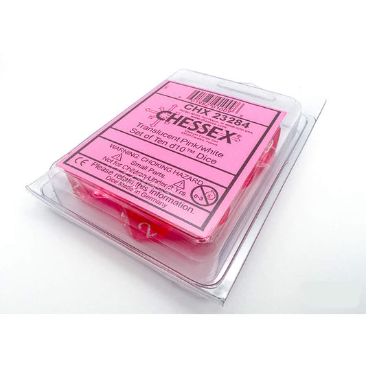 CHX23284 Pink Translucent Dice with White Numbers D10 Aprox 16mm (5/8in) Set of 10