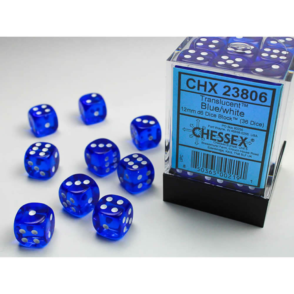 CHX23806 Blue Translucent D6 Dice with White Pips 12mm (1/2in) Pack of 36 Dice