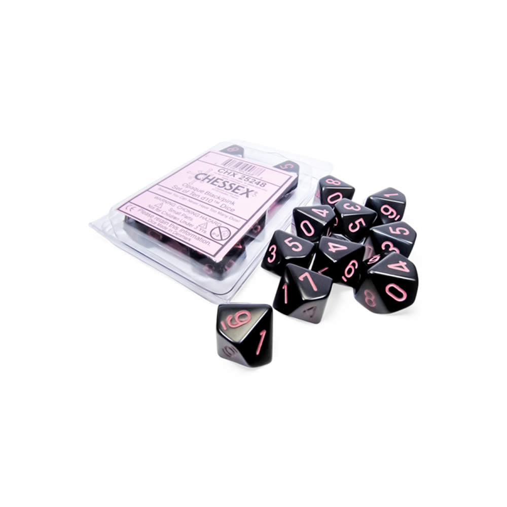 CHX25248 Black Opaque Dice with Pink Numbers D10 Aprox 16mm (5/8in) Set of 10