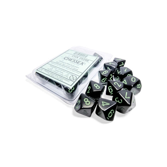 CHX25258 Black Opaque Dice with Green Numbers D10 Aprox 16mm (5/8in) Set of 10