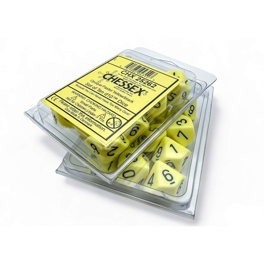 CHX25262 Yellow Pastel Dice with Black Numbers D10 Aprox 16mm (5/8in) Set of 10