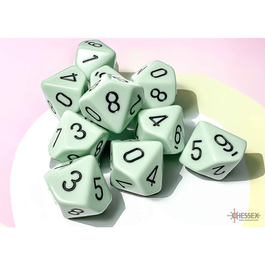 CHX25265 Green Pastel Dice with Black Numbers D10 Aprox 16mm (5/8in) Set of 10