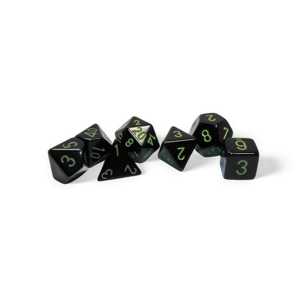 CHX25458 Black Opaque Dice with Green Numbers 16mm (5/8in) Set of 7 Dice