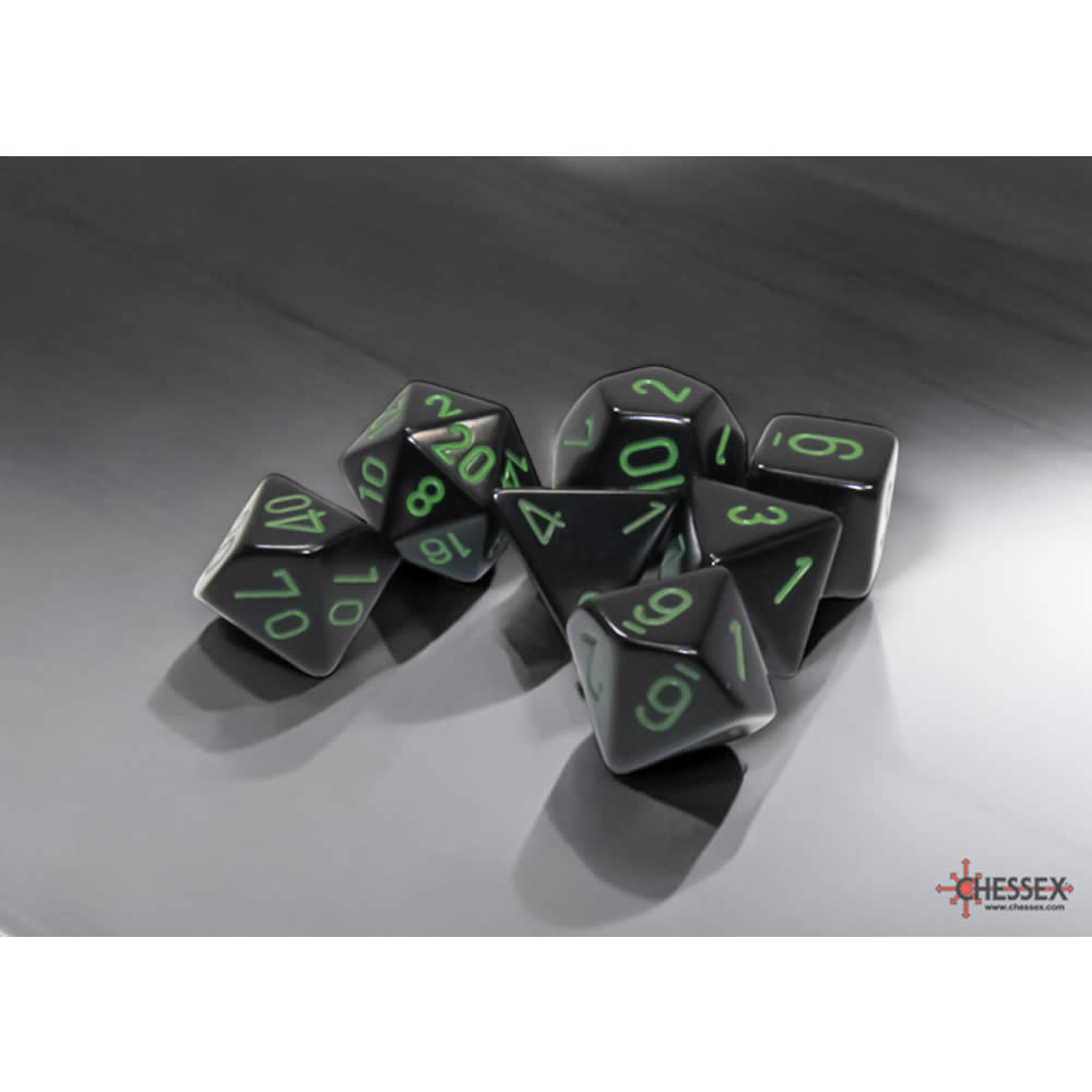 CHX25458 Black Opaque Dice with Green Numbers 16mm (5/8in) Set of 7 Dice