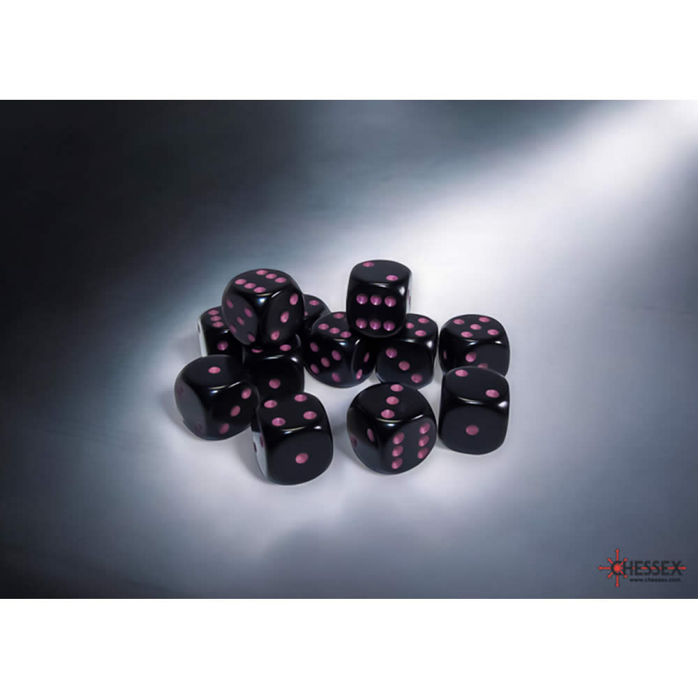 CHX25648 Black Opaque D6 Dice with Pink Pips 16mm (5/8in) Pack of 12 Dice