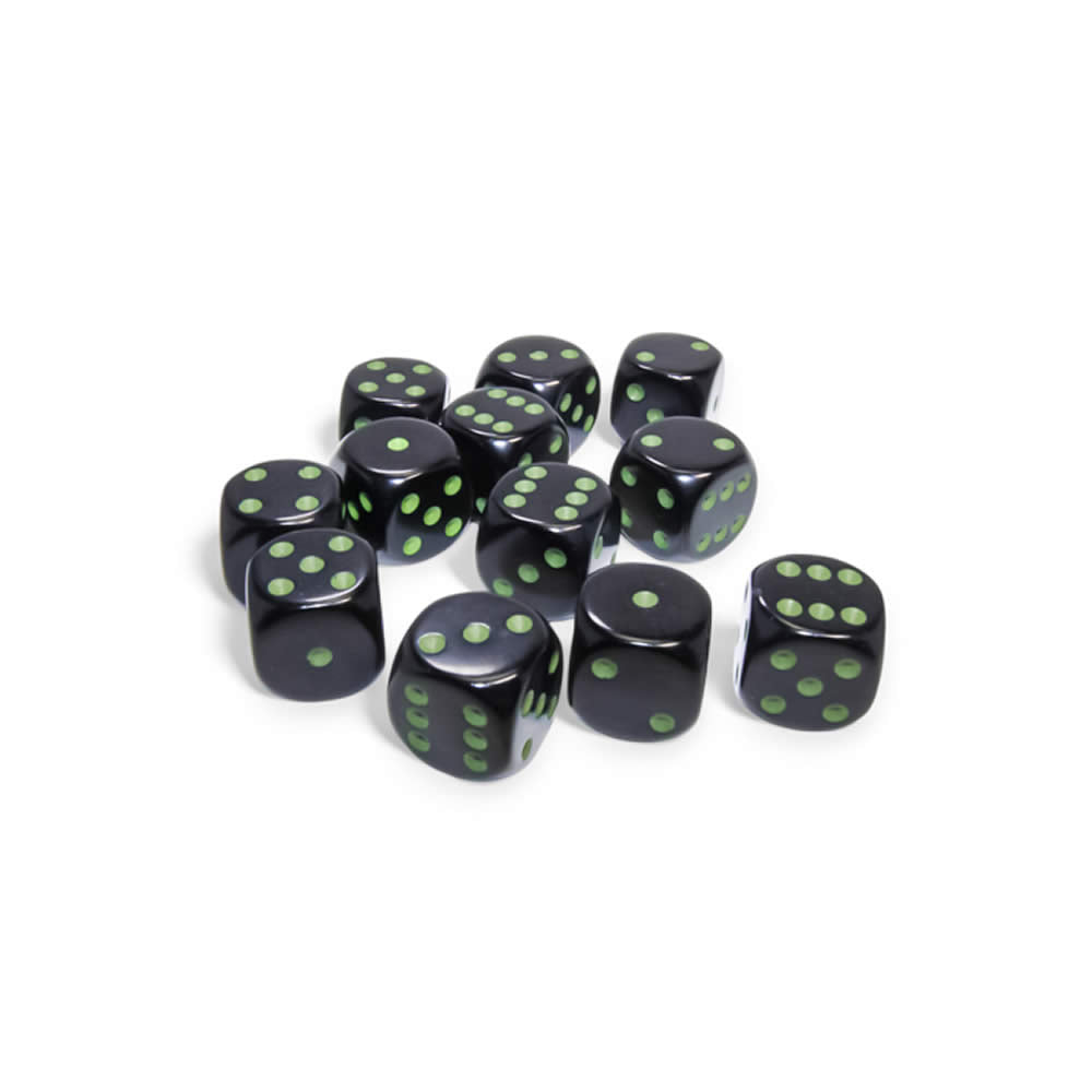 CHX25658 Black Opaque D6 Dice with Green Pips 16mm (5/8in) Pack of 12 Dice