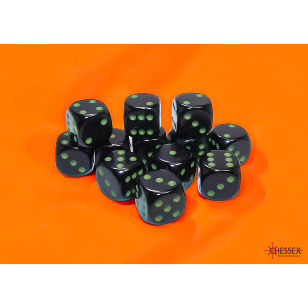 CHX25658 Black Opaque D6 Dice with Green Pips 16mm (5/8in) Pack of 12 Dice