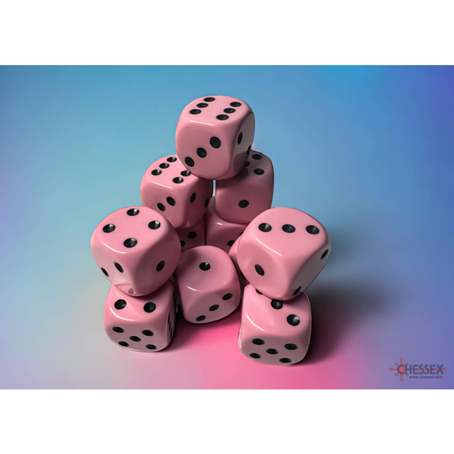 CHX25664 Pink Pastel D6 Dice with Black Pips 16mm (5/8in) Pack of 12 Dice