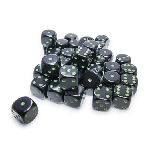 CHX25858 Black Opaque D6 Dice with Green Pips 12mm (1/2in) Pack of 36 Dice