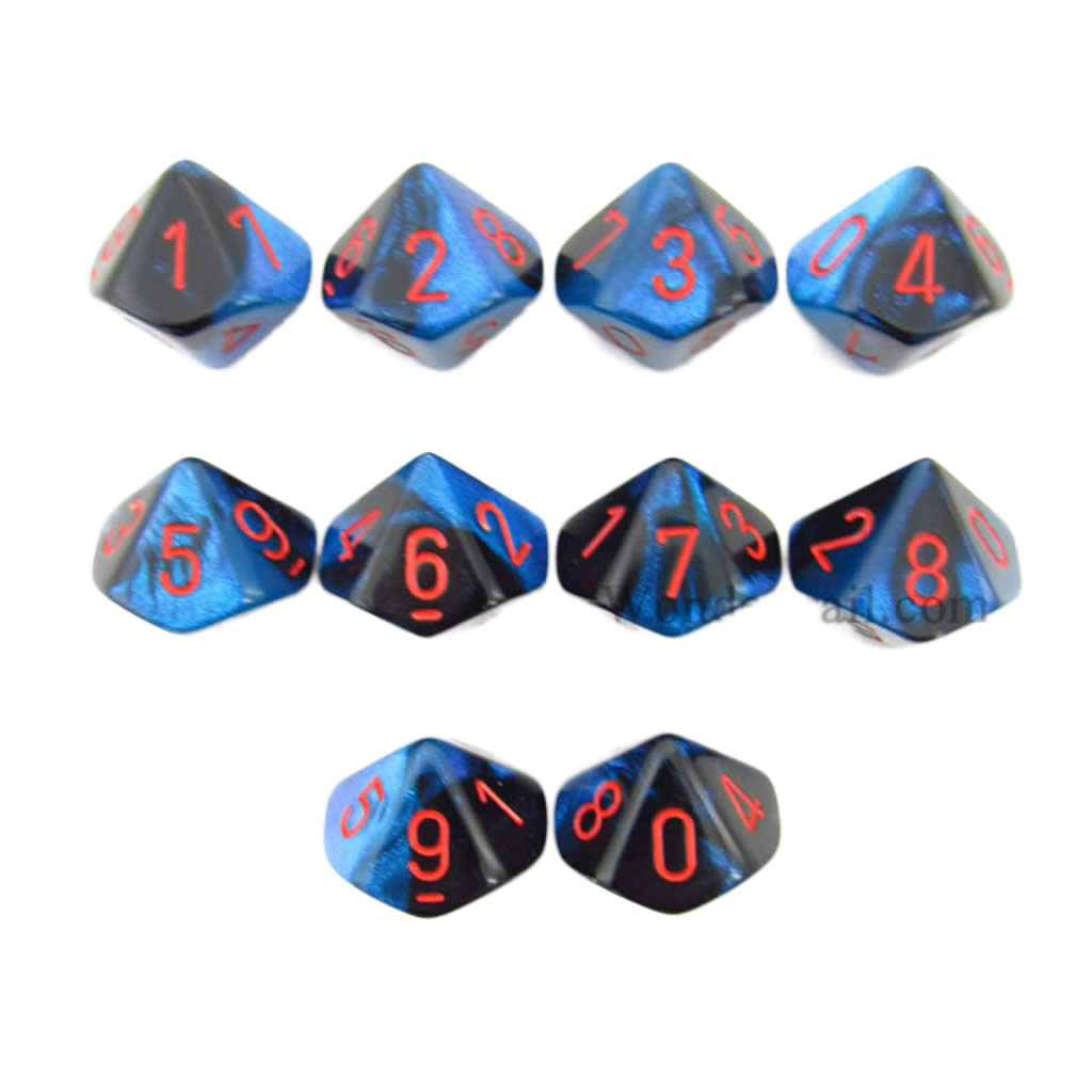 CHX26258 Black Starlight Gemini Dice Red Numbers D10 16mm Pack of 10