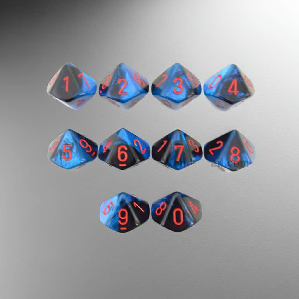 CHX26258 Black Starlight Gemini Dice Red Numbers D10 16mm Pack of 10