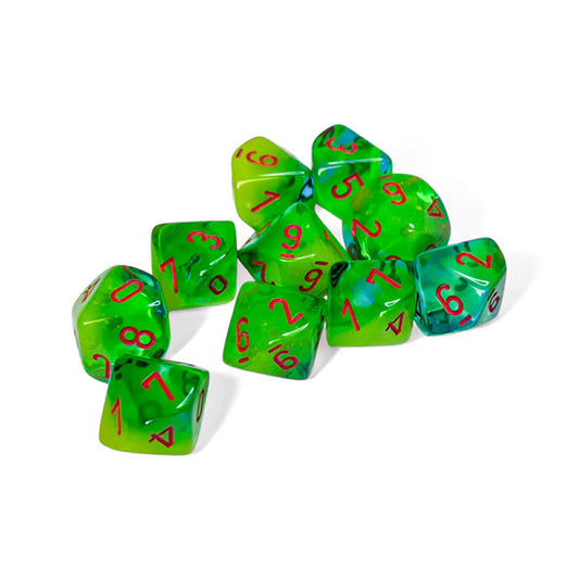 CHX26270 Plasma Green and Teal Gemini Luminary Dice with Orange Numbers D10 16mm (5/8in) Pack of 10 Dice Chessex