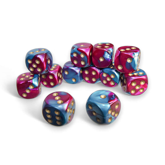 CHX26649 Purple and Teal Gemini Dice with Gold Pips D6 16mm (5/8in) Pack of 12 Dice