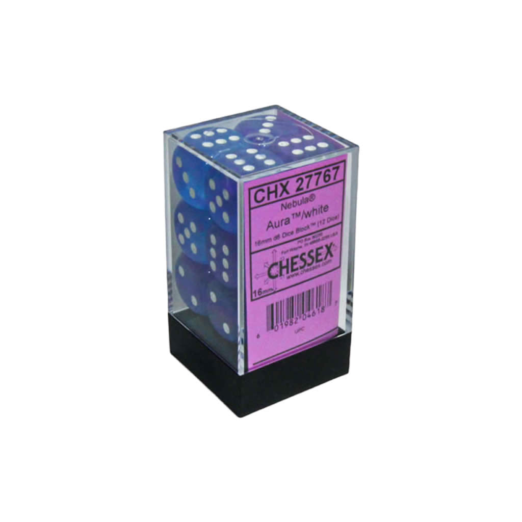 CHX27767 Aura Nebula Dice Luminary with White Pips D6 16mm (5/8in) Pack of 12 Dice