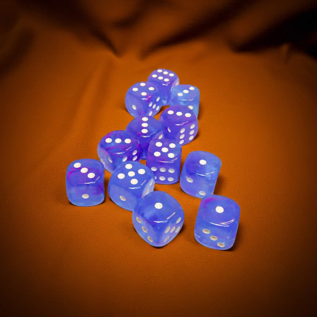 CHX27767 Aura Nebula Dice Luminary with White Pips D6 16mm (5/8in) Pack of 12 Dice
