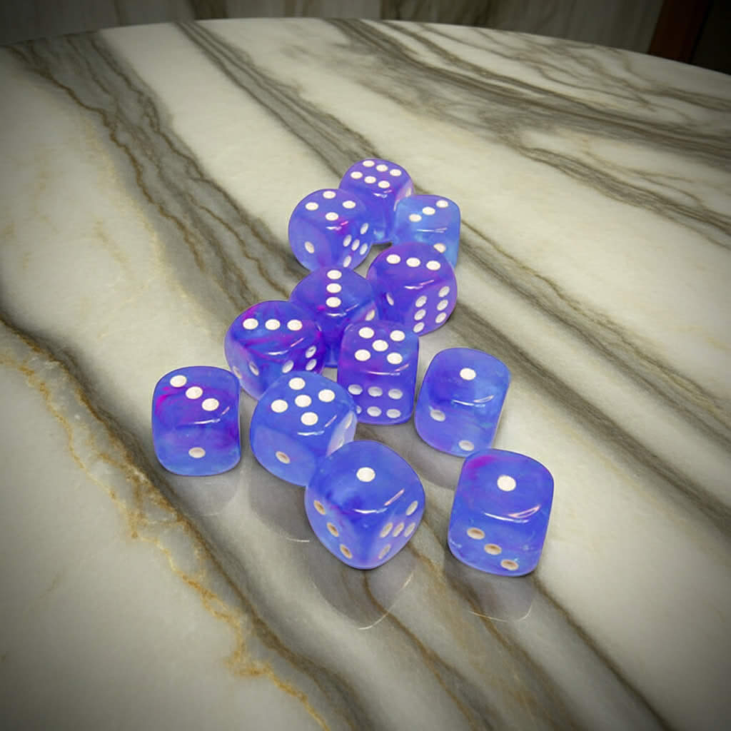 CHX27767 Aura Nebula Dice Luminary with White Pips D6 16mm (5/8in) Pack of 12 Dice