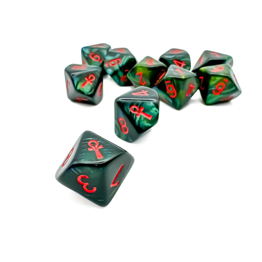 CHX29025 Jade Scarab Dice with Red Numbers and Ankh D10 16mm (5/8in) Pack of 10