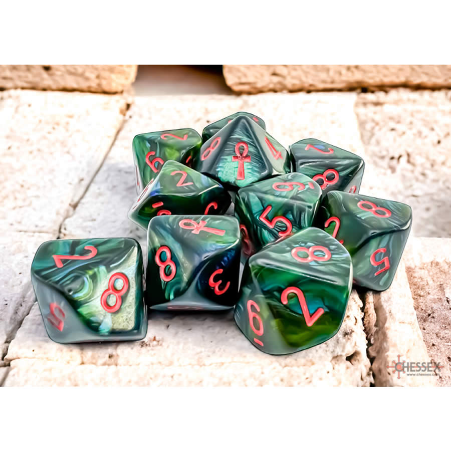 CHX29025 Jade Scarab Dice with Red Numbers and Ankh D10 16mm (5/8in) Pack of 10