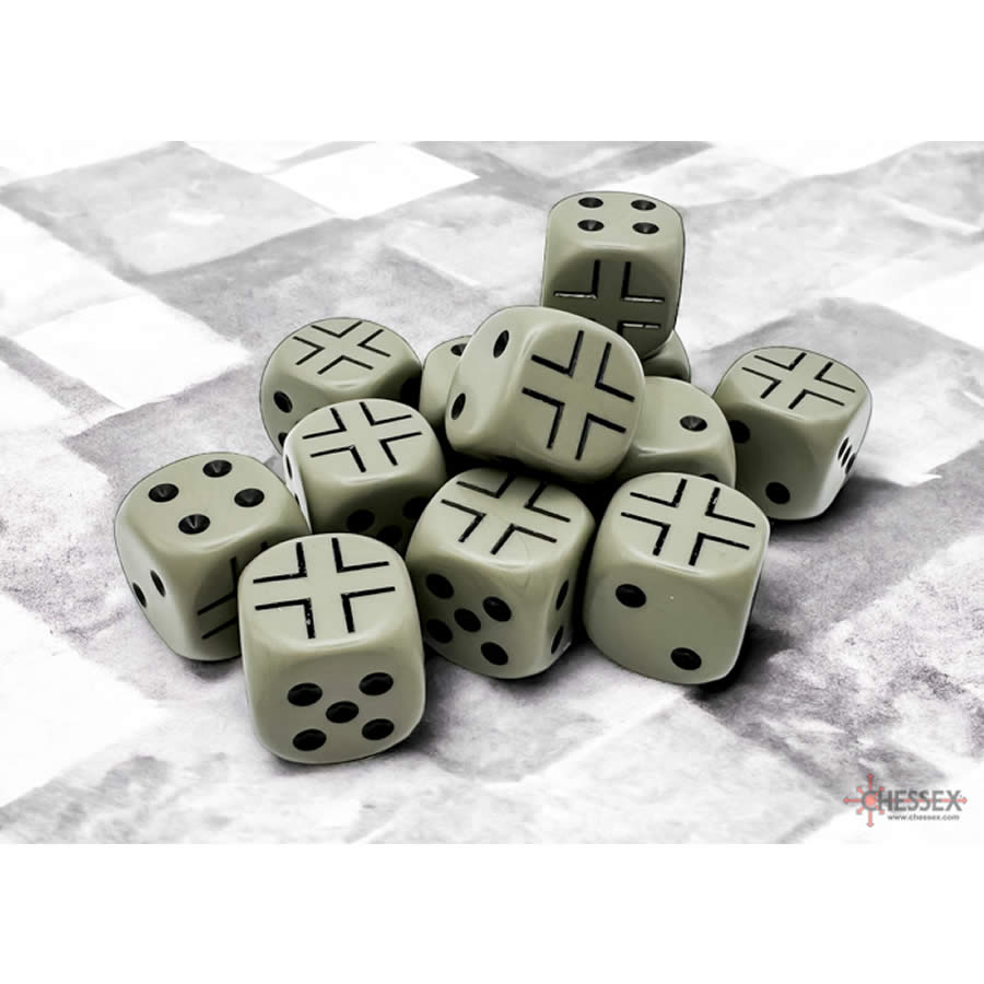 CHX29061 Dark Grey Germany War Dice with Black Pips 16mm (5/8in) Pack of 12