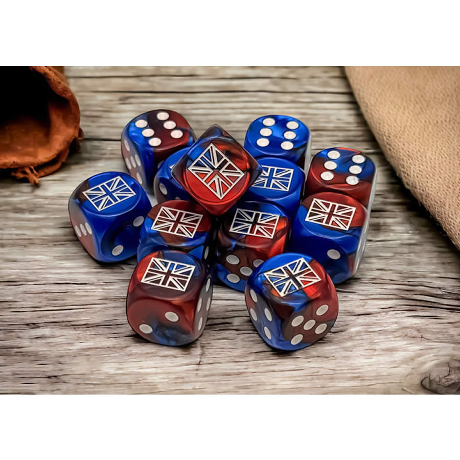 CHX29064 Blue-Red Gemini Great Britain War Dice with White Pips 16mm (5/8in) Pack of 12