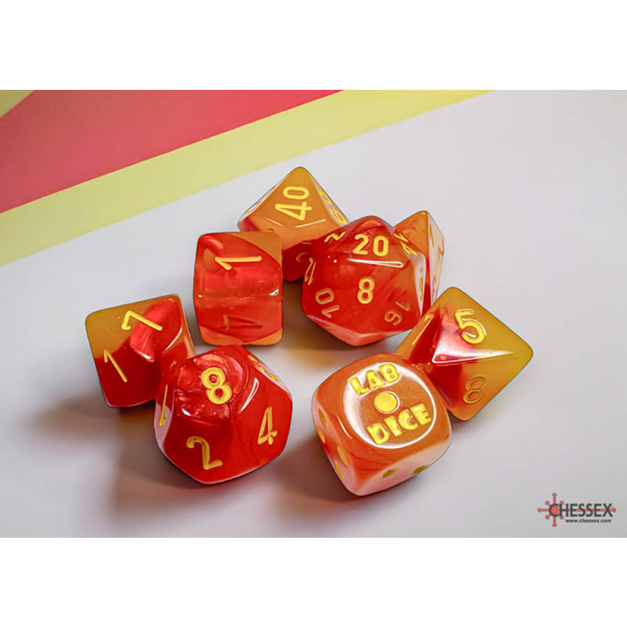 CHX30051 Gemini Gellow and Red with Yellow Numbers Luminary 7+1 Dice Set 16mm (5/8in)