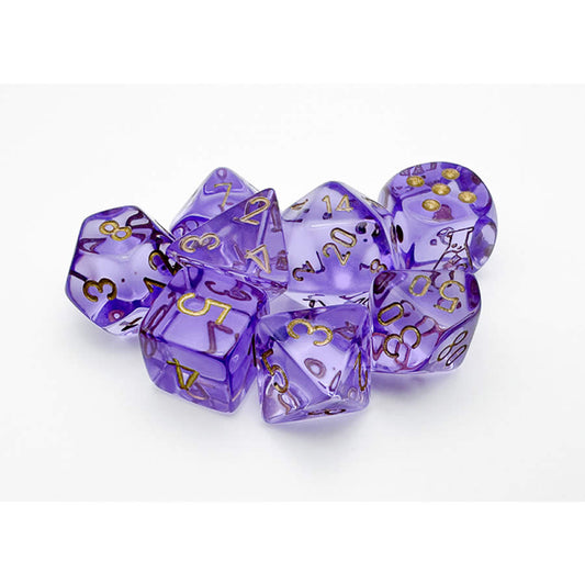 CHX30059 Lavender Translucent Dice with Gold Numbers 7+1 Dice Set 16mm (5/8in)