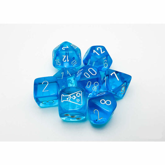 CHX30063 Tropical Blue Translucent Dice with White Numbers 7+1 Dice Set 16mm (5/8in)