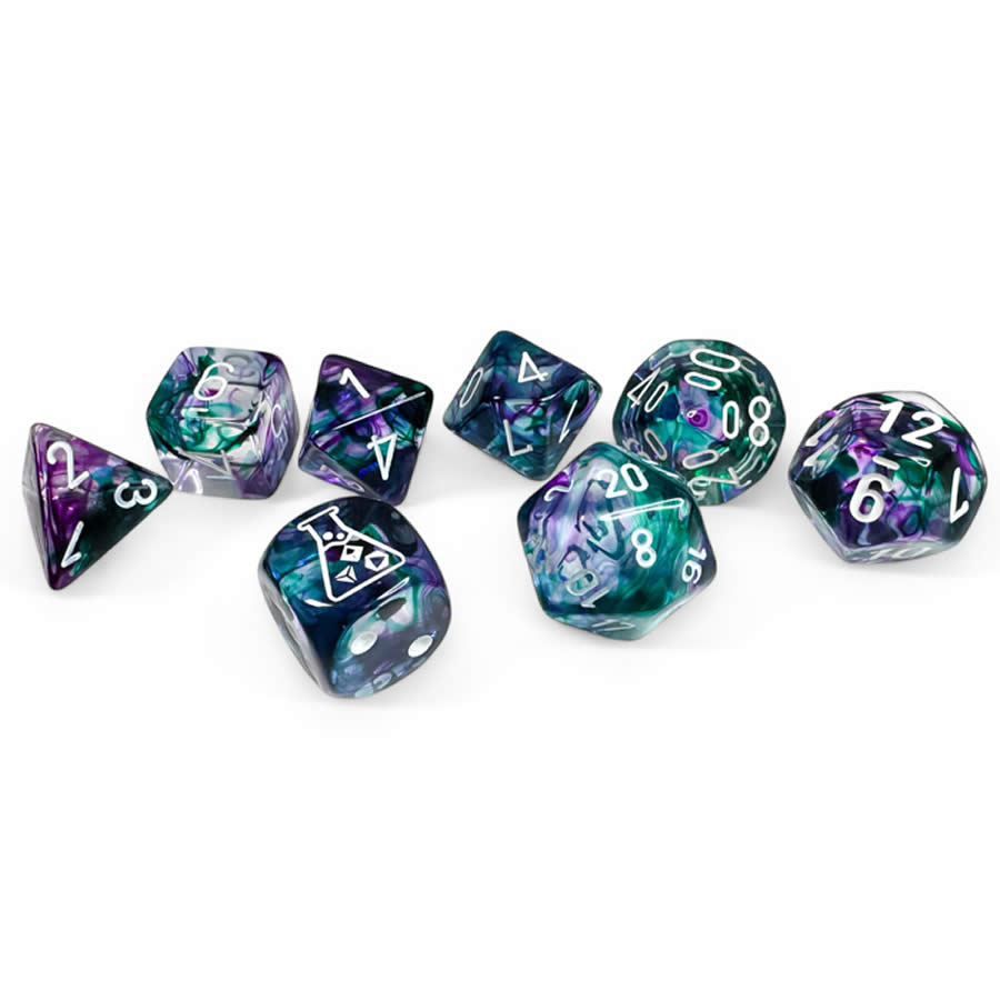 CHX30068 Nebula Fluorite with White Numbers 7+1 Dice Set 16mm (5/8in)