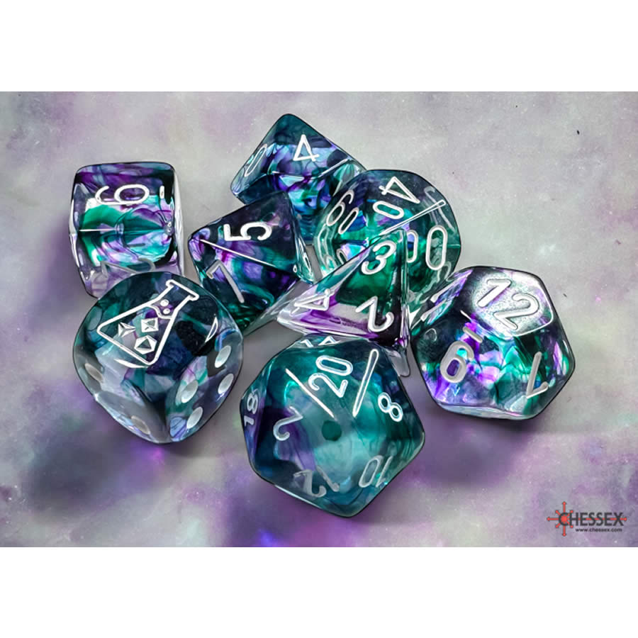 CHX30068 Nebula Fluorite with White Numbers 7+1 Dice Set 16mm (5/8in)