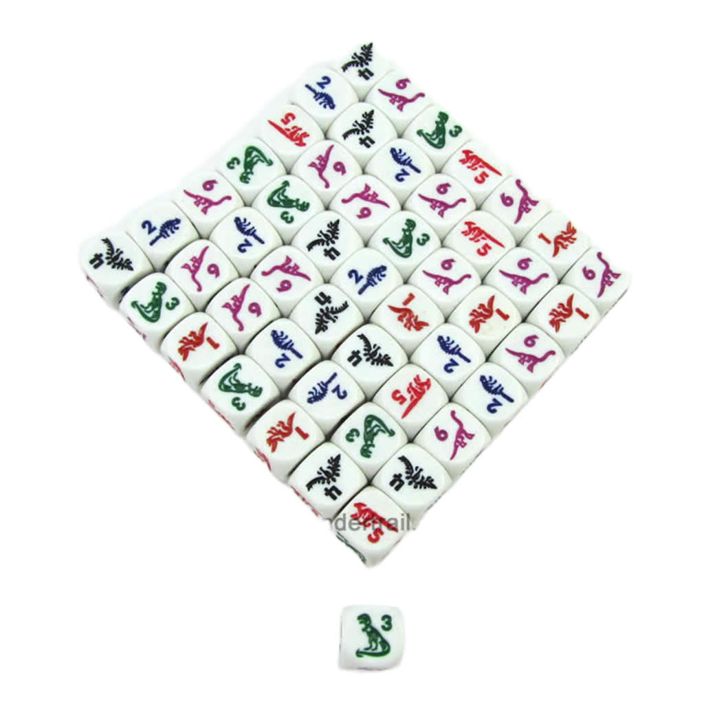 KOP00480 Dinosaur Dice D6 White Opaque with Multi-Color Dinosaurs 16mm (5/8in) Set of 50 Dice
