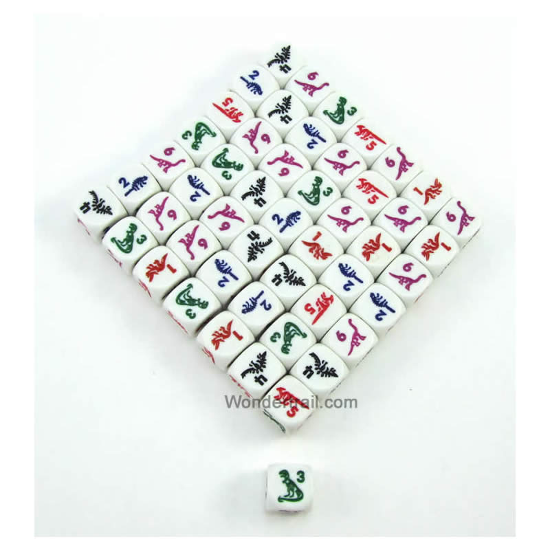 KOP00480 Dinosaur Dice D6 White Opaque with Multi-Color Dinosaurs 16mm (5/8in) Set of 50 Dice
