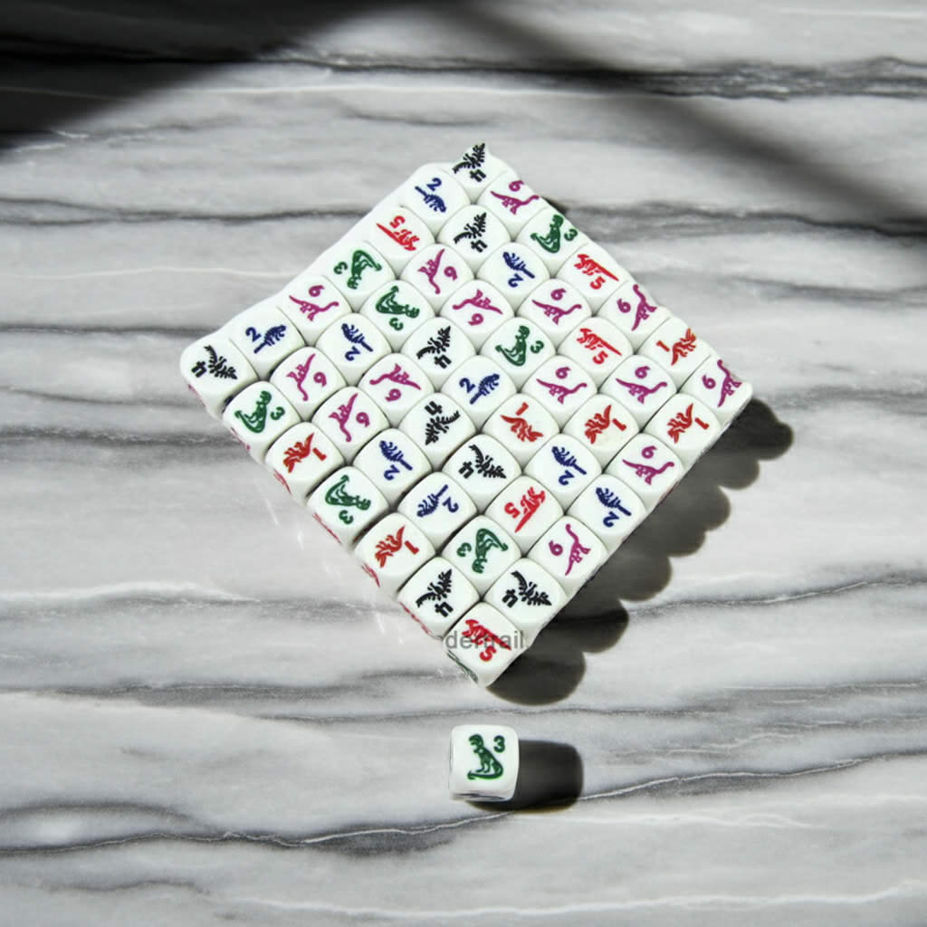 KOP00480 Dinosaur Dice D6 White Opaque with Multi-Color Dinosaurs 16mm (5/8in) Set of 50 Dice