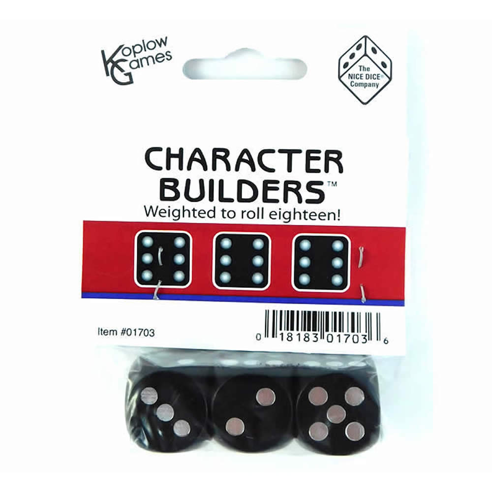 KOP01703 Character Builder Dice Black Opaque Silver Pips D6 Set of 3 18mm