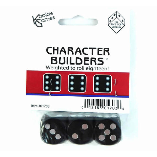 KOP01703 Character Builder Dice Black Opaque Silver Pips D6 Set of 3 18mm
