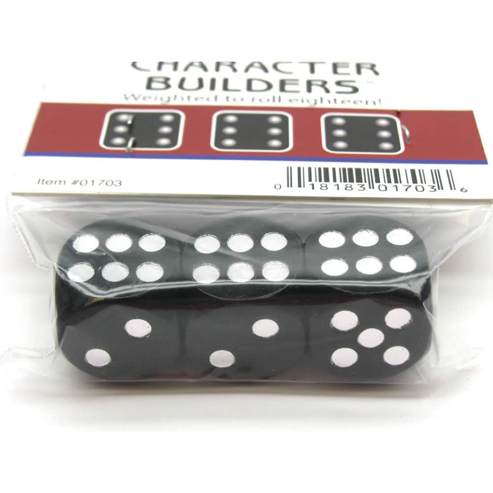 KOP01703 Character Builder Dice Black Opaque Silver Pips D6 Set of 3 18mm