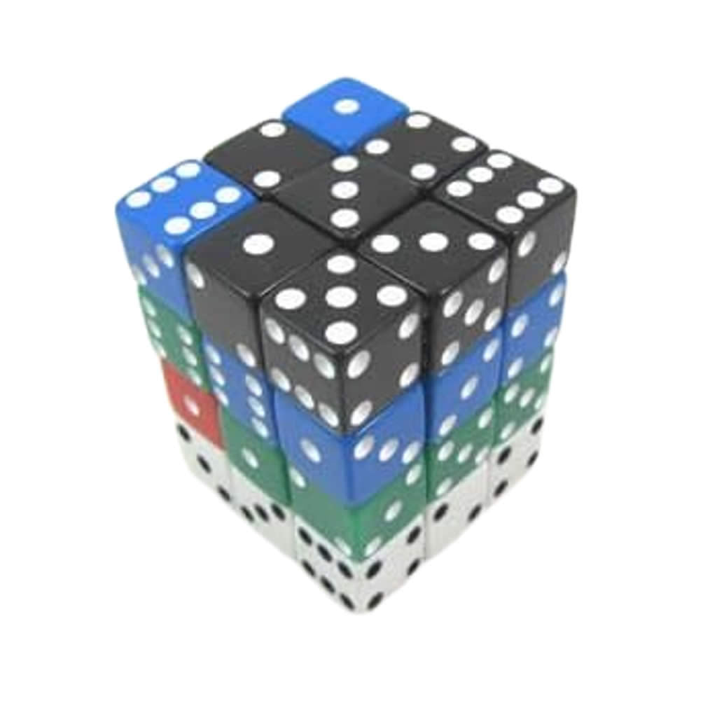 KOP01826 Assorted Opaque Squared Corner Dice Pips D6 12mm Pack of 36