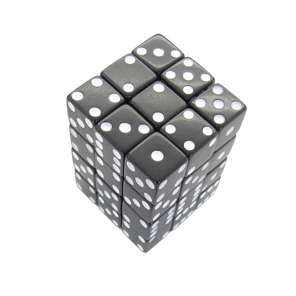 KOP01828 Black Opaque Squared Corner Dice with White Pips D6 12mm (1/2in) Pack of 36 Dice