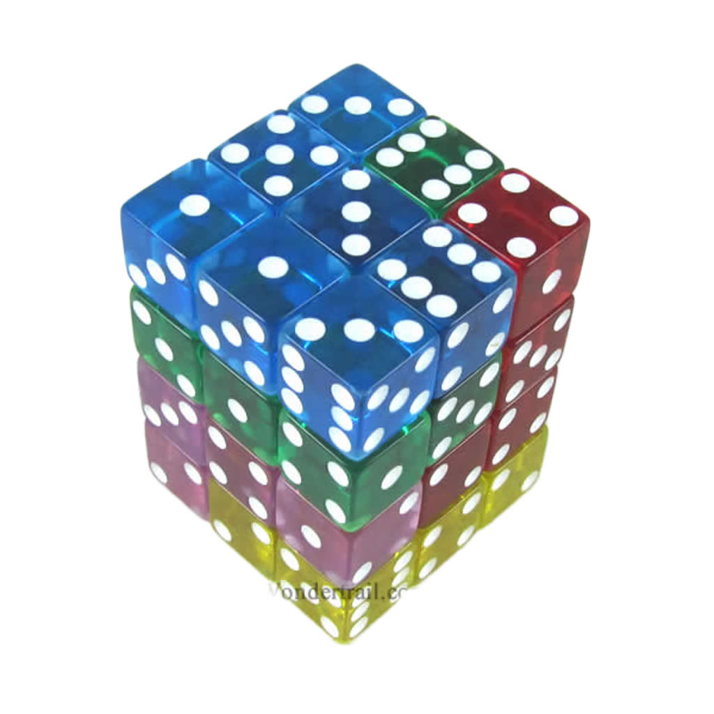 KOP01851 Assorted Transparent Squared Corner Dice with Pips D6 12mm (1/2in) Pack of 36 Dice