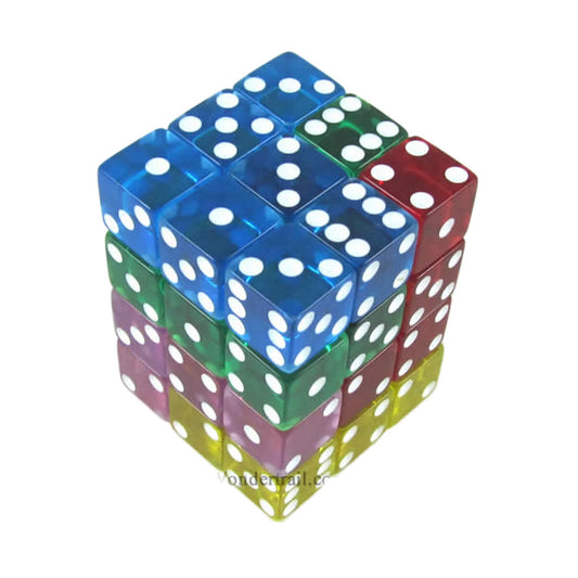 KOP01851 Assorted Transparent Squared Corner Dice with Pips D6 12mm (1/2in) Pack of 36 Dice