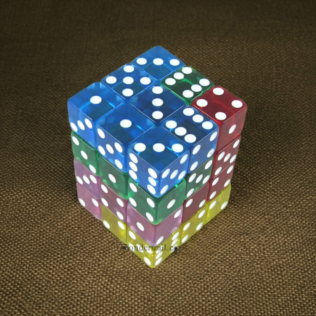 KOP01851 Assorted Transparent Squared Corner Dice with Pips D6 12mm (1/2in) Pack of 36 Dice