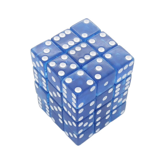 KOP01852 Blue Transparent Squared Corner Dice with White Pips D6 12mm (1/2in) Pack of 36 Dice Koplow Games
